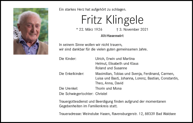 Klingele Fritz Trauerkarte
